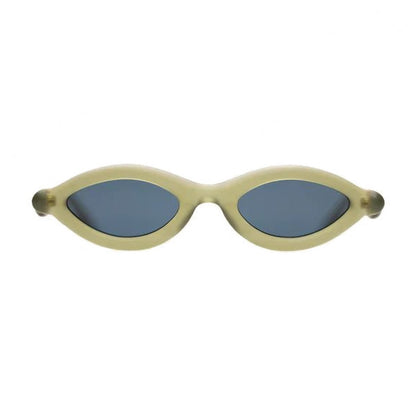 Paloceras sunglasses in translucent olive green with narrow oval frames and blue-grey lenses
