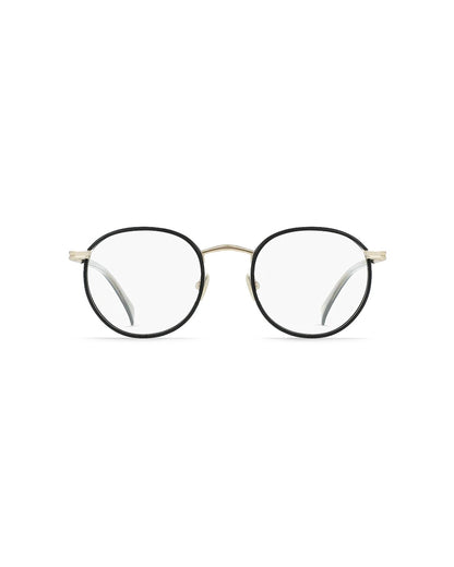 RAEN Mason II eyeglasses in satin Japanese gold and matte black with a round beta-titanium frame, front view